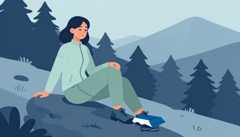 Une randonneuse applique une poche de glace sur son genou, assise au bord d’un sentier forestier.