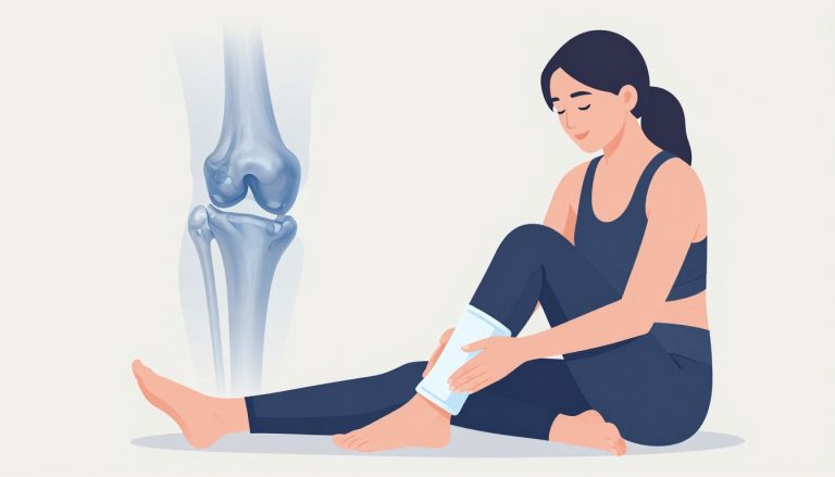 Une femme applique une poche de glace sur son genou droit, avec un schéma du cartilage en arrière-plan.