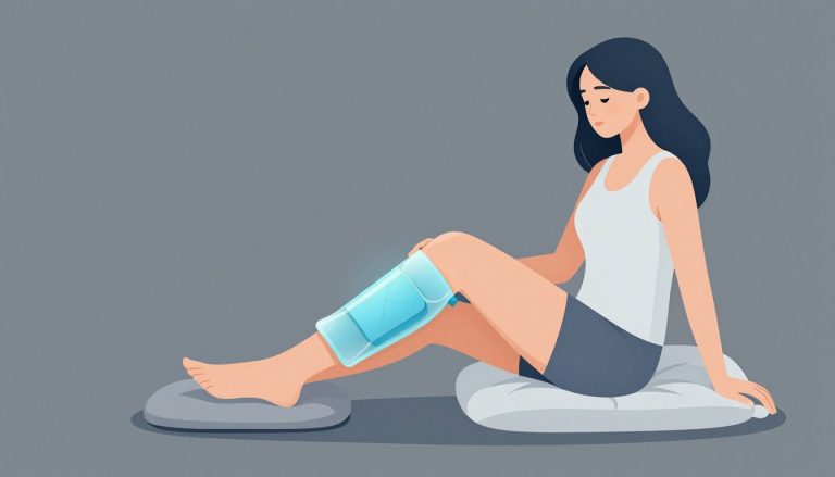 Une femme applique une poche de glace derrière son genou surélevé.