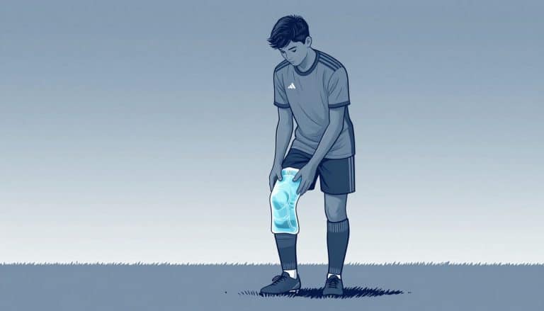 Un jeune footballeur applique une poche de glace sur son genou gauche.