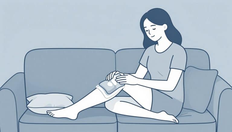 Une femme assise sur un canapé garde le genou surélevé avec une poche de glace.