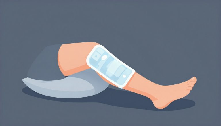 Une jambe posée sur un coussin avec une poche de glace sur le genou gonflé.