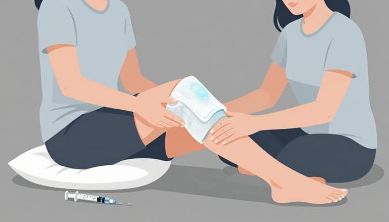 Une femme pose son genou surélevé sur un coussin avec une poche de glace.