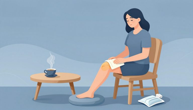 Une femme pose son genou sur un coussin, avec une compresse chaude et une tasse fumante à côté.
