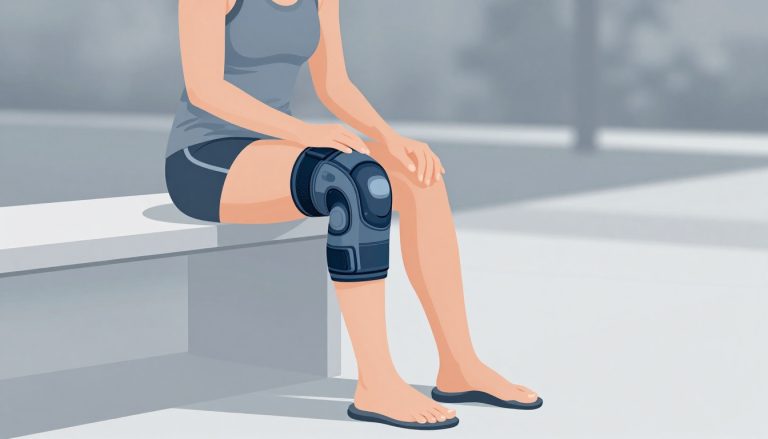 Une femme assise porte une genouillère bleue au genou gauche.