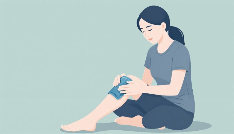 Une femme applique une poche de glace sur son genou droit fléchi.