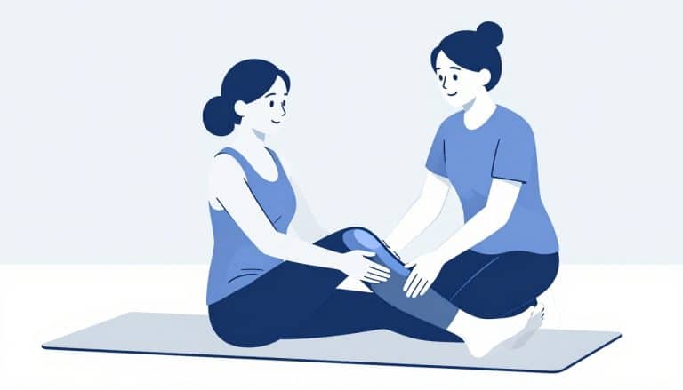 Une femme étire sa jambe pendant qu’une kinésithérapeute soutient son genou.