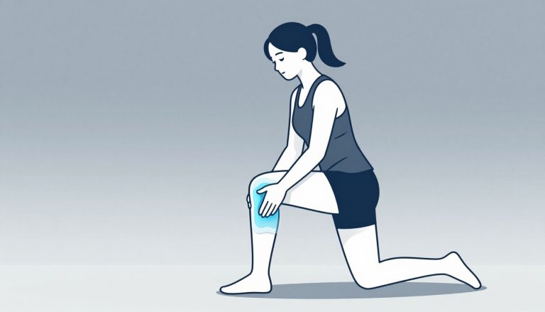 Une coureuse applique une poche de glace sur le côté extérieur de son genou.