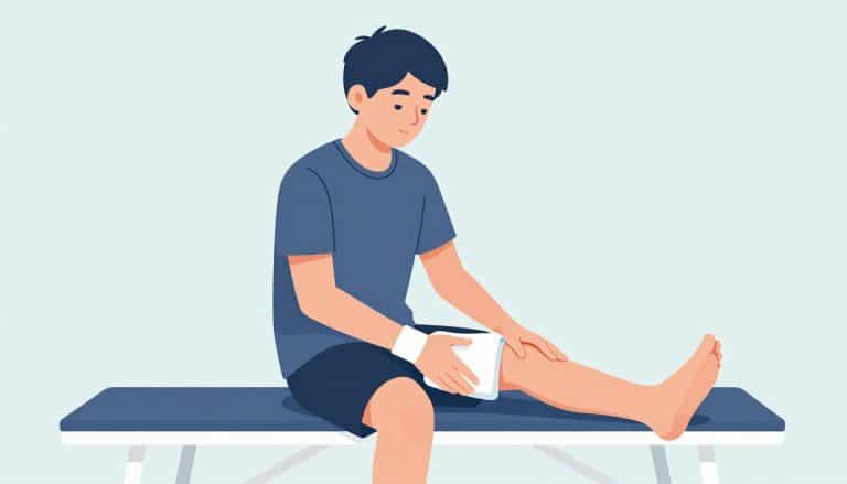 Un adolescent reçoit un étirement du quadriceps avec une poche de glace sur le tibia.