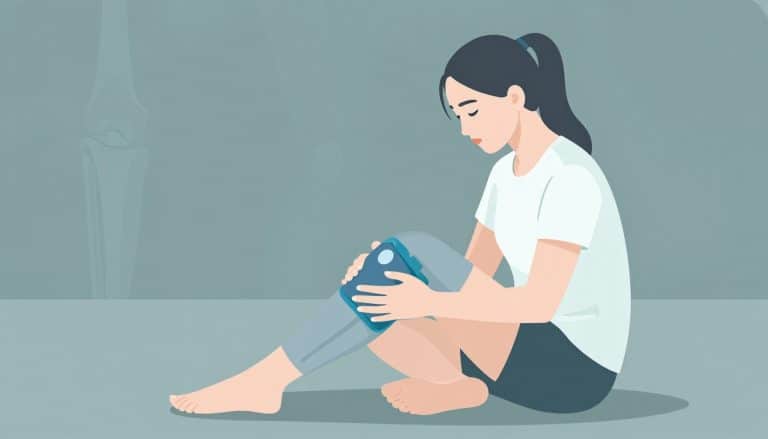 Une adolescente applique une poche de glace sur son genou droit dans un gymnase.