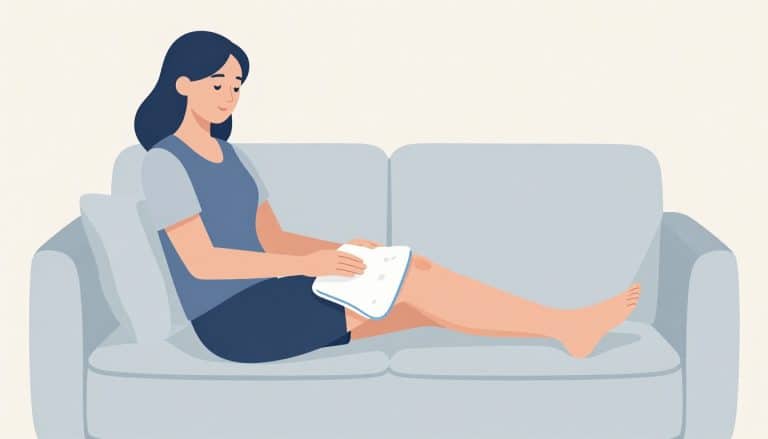 Une femme pose une poche de glace sur son genou, la jambe gauche surélevée.