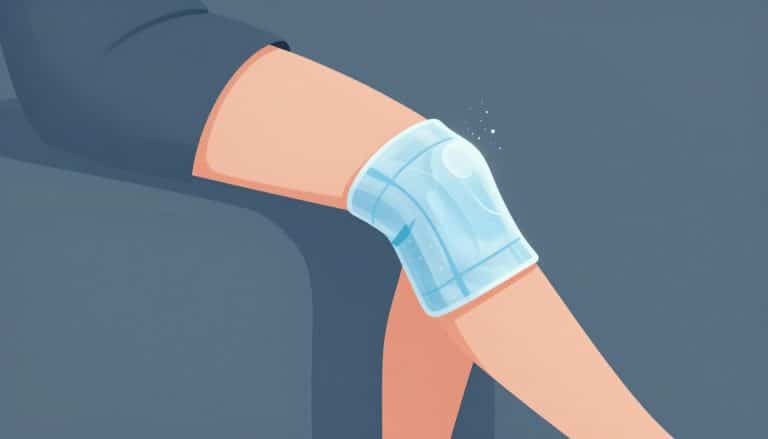 Une jambe surélevée présente un genou légèrement fléchi, enveloppé dans une poche de glace bleutée.