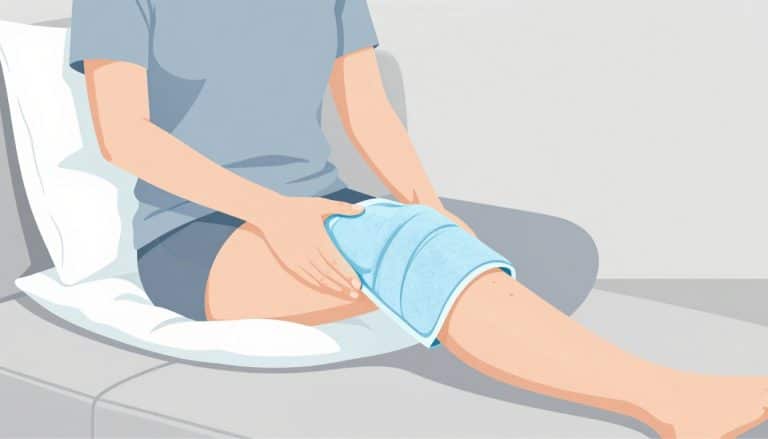 Une femme pose une poche de glace sur son genou enflé, soutenu par un coussin blanc.