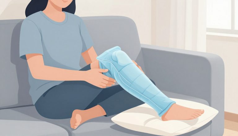 Une femme tient son genou gonflé sur un coussin avec une poche froide.