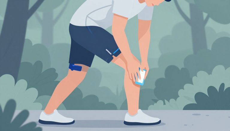 Un coureur applique une poche de glace sur l’extérieur de son genou, dans un sentier forestier.