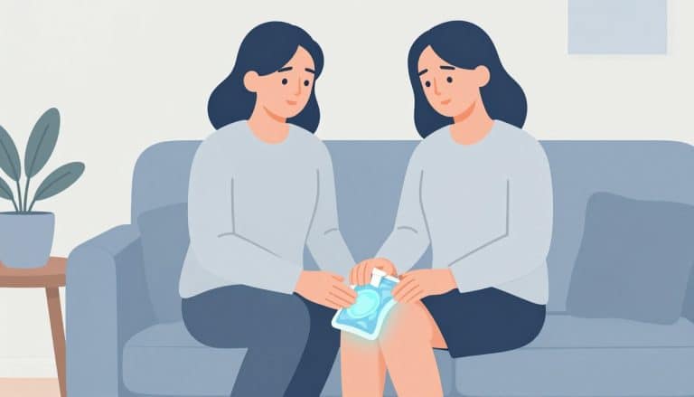 Une femme assise applique une poche de glace sur son genou droit.