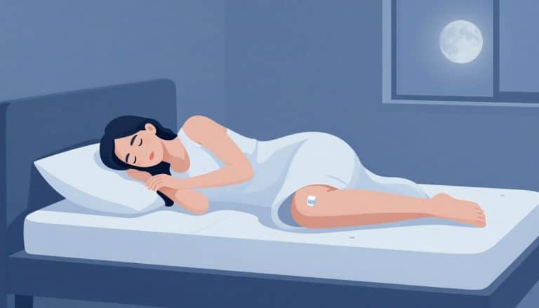 Une femme dort sur le côté avec des coussins et une poche de glace sur le genou.