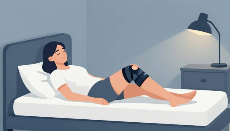 Une femme dort sur le côté avec une genouillère, éclairée par une lampe de chevet.