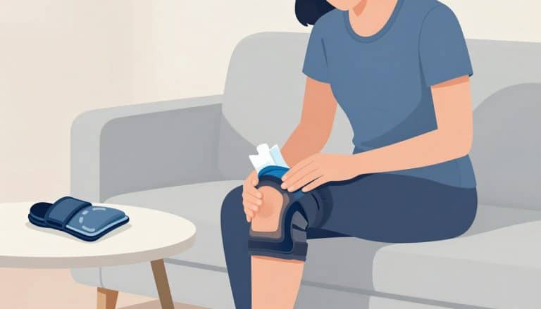 Une femme applique une poche de glace sur son genou droit, assise sur un canapé.