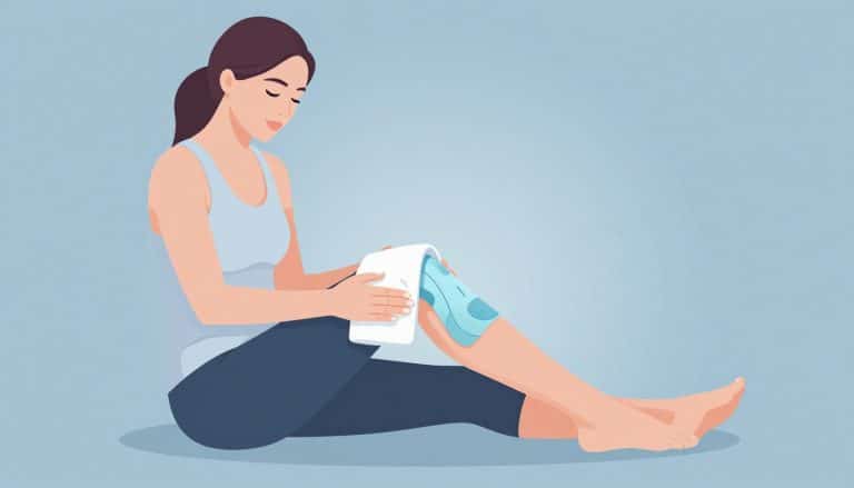 Une femme assise repose son genou droit sur un coussin avec une poche de glace.