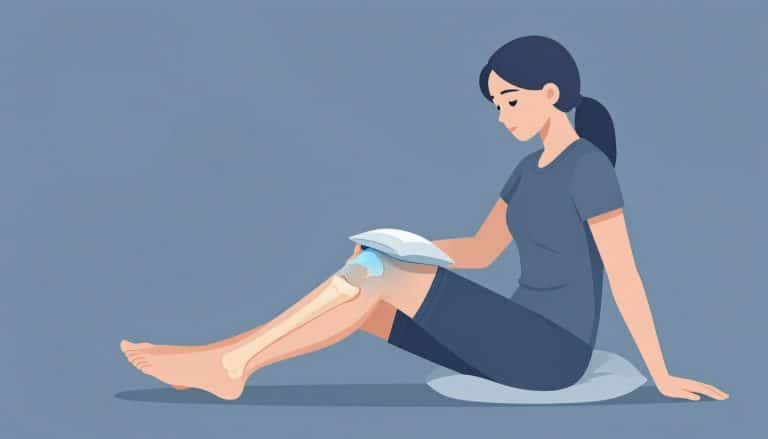 Une femme surélève sa jambe droite avec une poche de glace sur le genou.