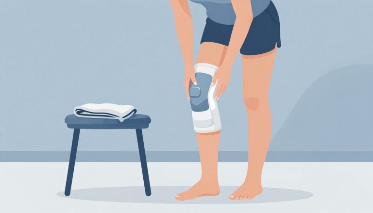 Une femme applique une poche de glace sur son genou, près d’une genouillère blanche.