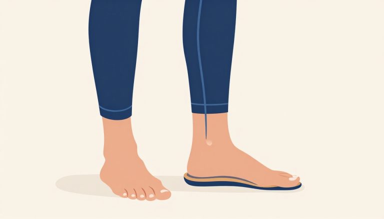 Une femme debout montre une semelle sur mesure et un genou droit souligné en bleu.