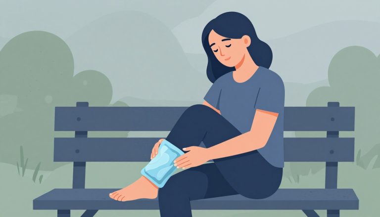 Une femme assise applique une poche de glace sur son genou droit.