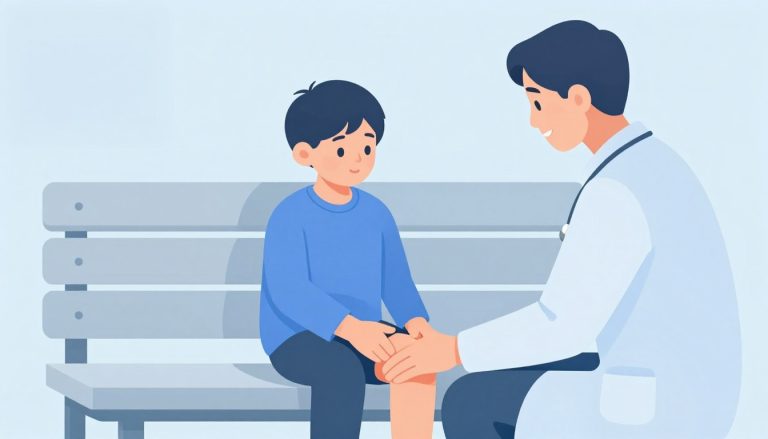 Un pédiatre soutient doucement le genou d’un enfant assis sur un banc.