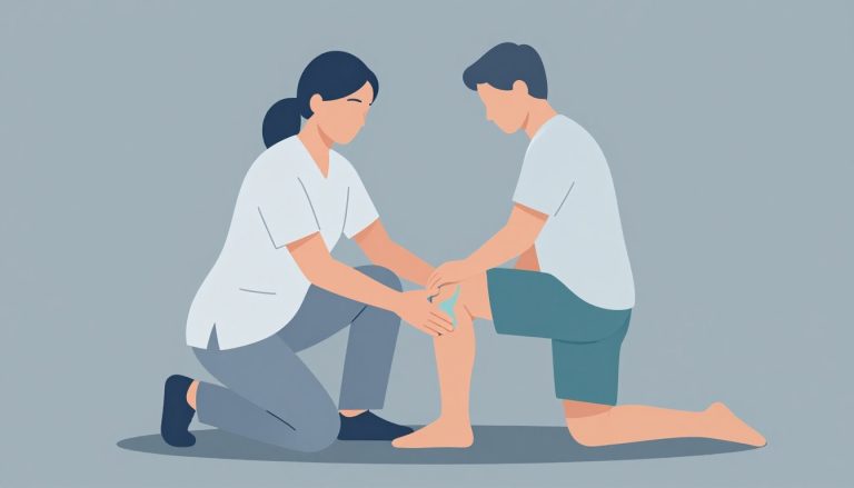 Une physiothérapeute accompagne l’étirement du genou d’une patiente assise.