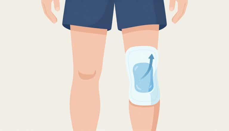 Genou légèrement fléchi avec zone enflée, poche de glace et flèche vers le haut.