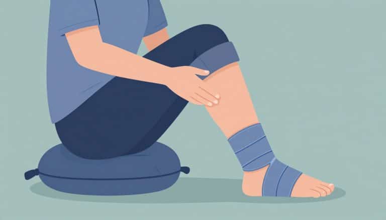 Une jambe surélevée avec une poche de glace sur le genou gonflé.