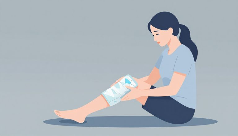 Une femme assise applique une poche de glace sur son genou gonflé.