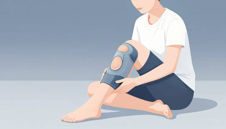 Une personne tient son genou droit entouré d’un bandage élastique.