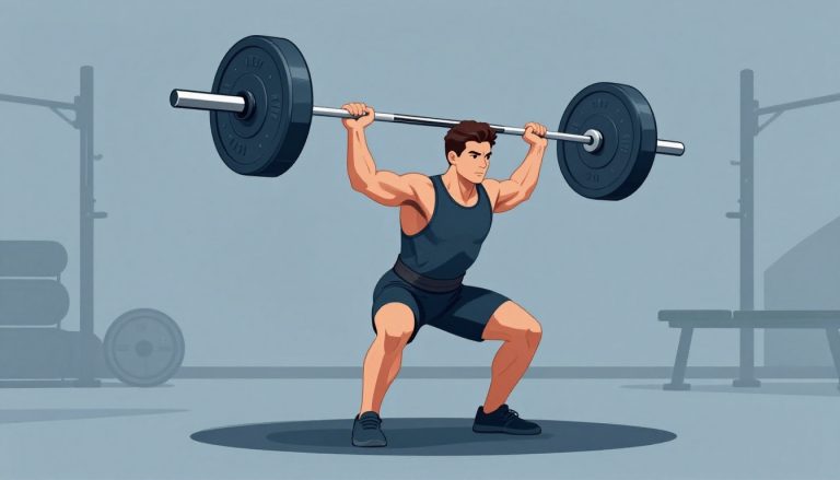 Un athlète soulève une barre lors d’un mouvement explosif, dans une salle de sport bleutée.