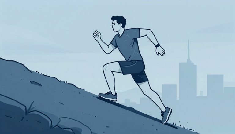 Un coureur franchit une pente raide sur un sentier, avec une ville floue à l’horizon.