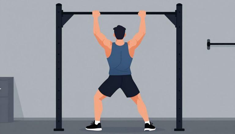 Un homme musclé réalise une traction en prise large dans une salle de sport épurée.