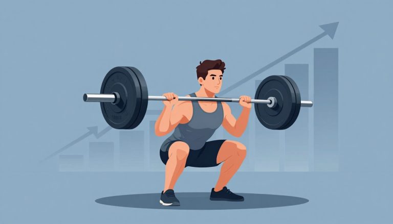 Un homme fait un squat avec une barre chargée dans une salle de sport moderne.