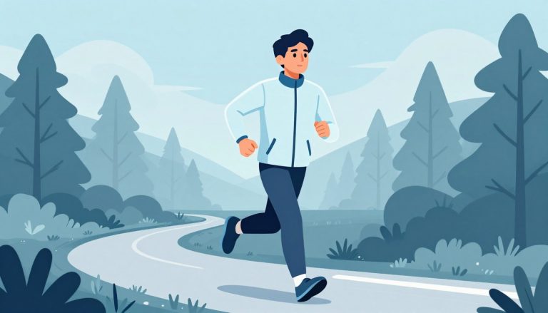 Un coureur concentré avance sur un sentier forestier au lever du jour.
