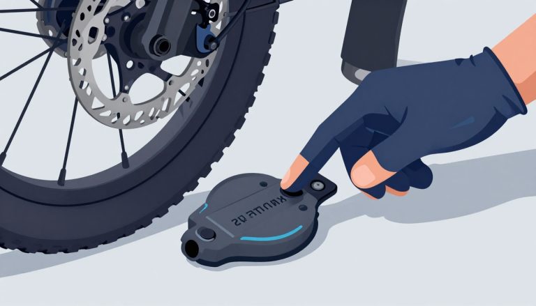 Une main gantée désigne le code gravé sur une plaquette de frein VTT.