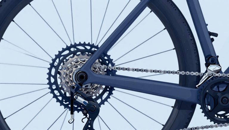 Chaîne de VTT installée sur le grand plateau et le plus grand pignon, avec outils de réglage.