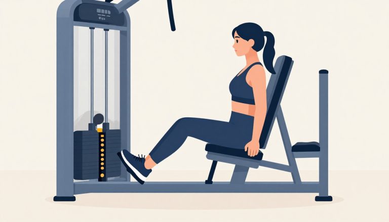 Une femme utilise une presse à cuisses, les pieds posés sur la plateforme.
