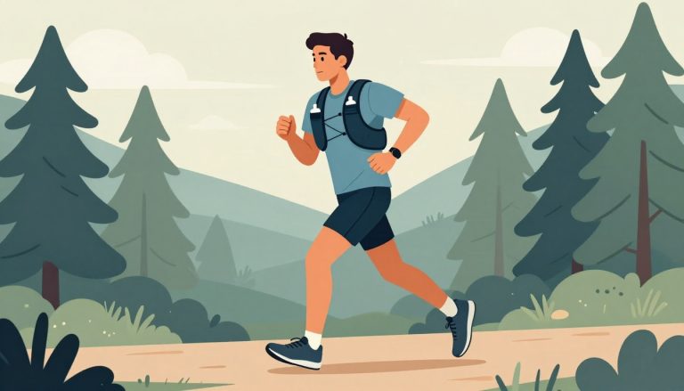 Un coureur ajuste la sangle de son sac à dos sur un sentier forestier.