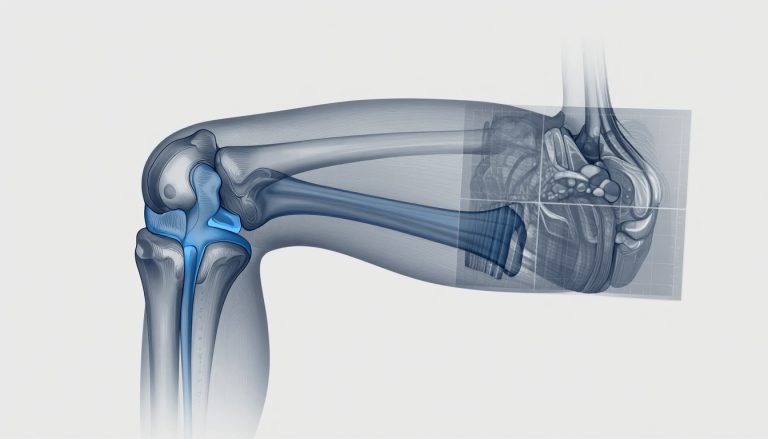 Vue latérale d’un genou droit avec le tendon patellaire mis en évidence en bleu.