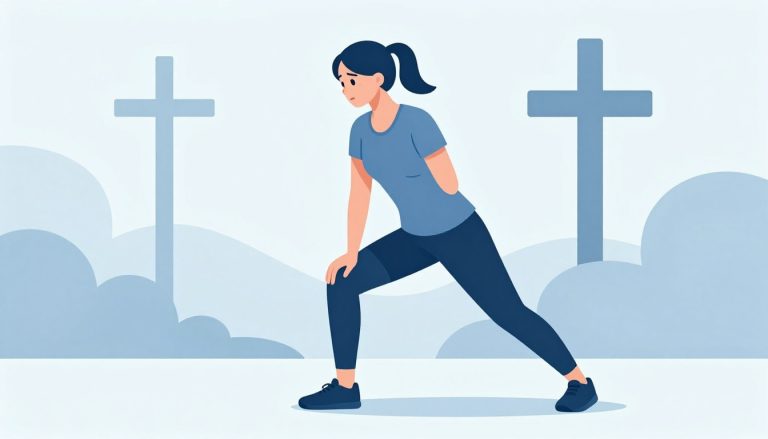 Une coureuse se tient le genou sur un chemin pavé, avec une croix médicale en arrière-plan.