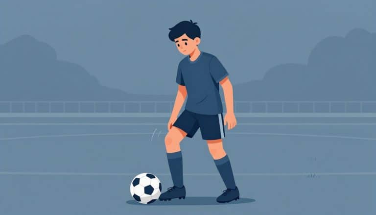 Un jeune footballeur tient son genou droit, avec un ballon à ses pieds.