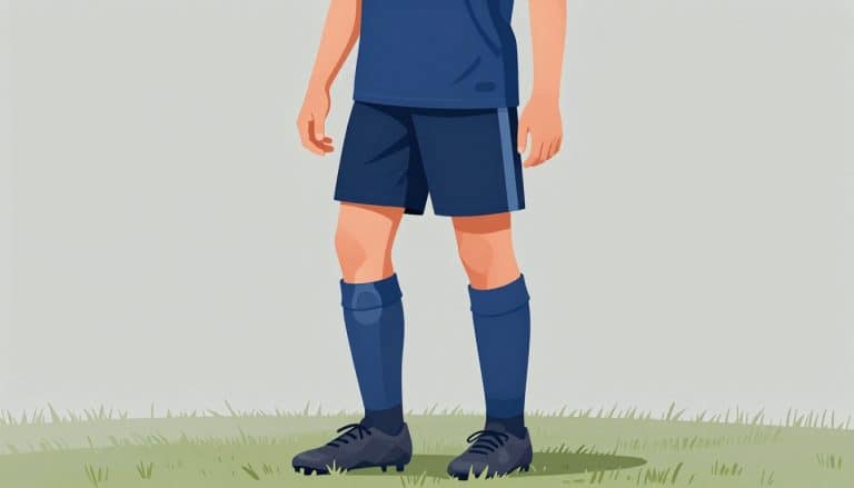 Un jeune footballeur debout, avec le genou gauche mis en évidence.