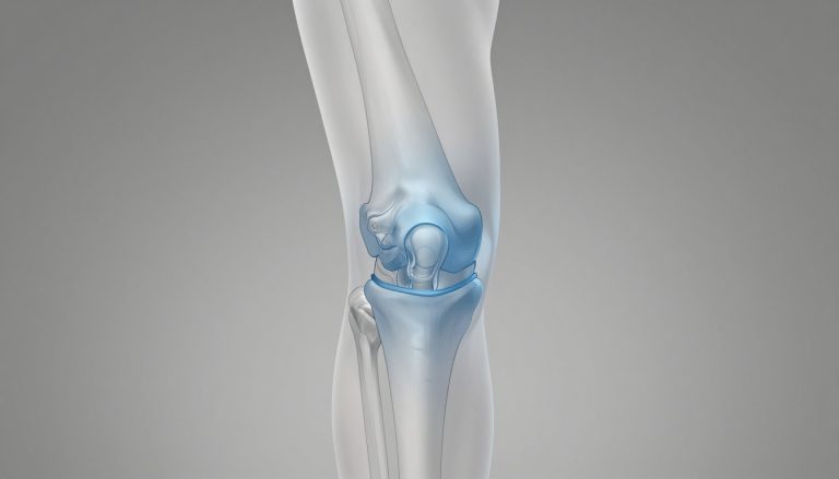 Illustration d’un genou humain avec une zone articulaire légèrement gonflée en bleu.