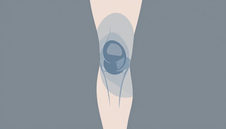 Illustration de l’arrière d’un genou fléchi avec muscles, tendons et kyste poplité.