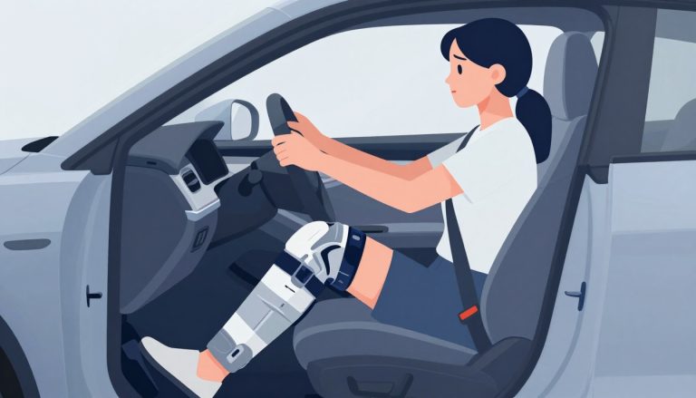 Une femme portant une genouillère tient le volant, avec le pied droit près de la pédale de frein.